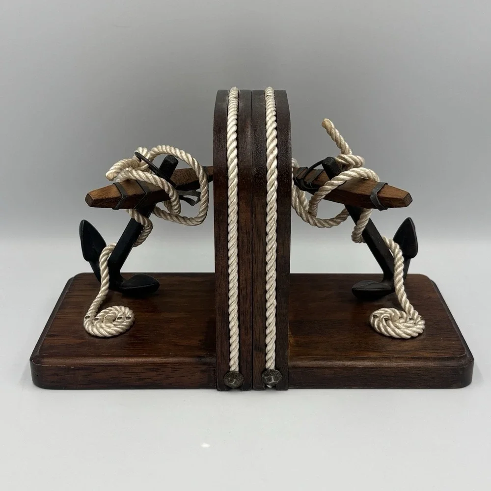 Vintage Nautical Theme Bookends Wood & Rope with Cast Iron Anchors